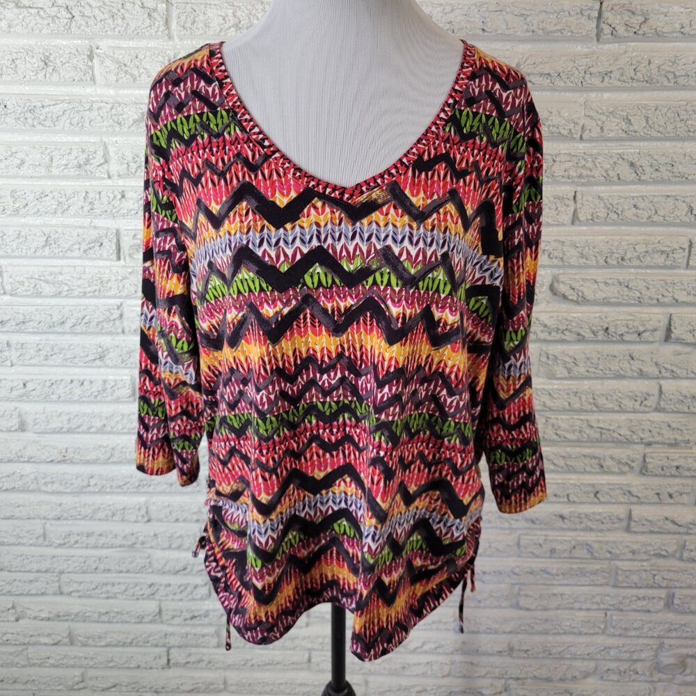 Caribbean Joe Womens Top 2X 3/4 Sleeve Red Geometric Cotton Blend GEO2XE